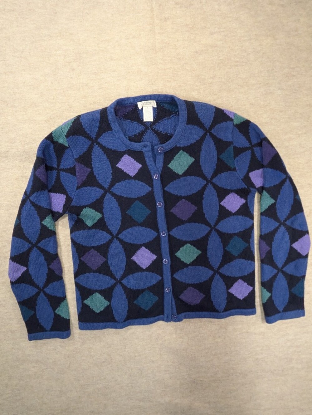 Christopher & Banks Navy Blue Geometric Button Cardigan Purple Vintage Fall L